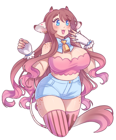 Ko with her v1 design smiling and holding a hand up to her mouth like she's surprised