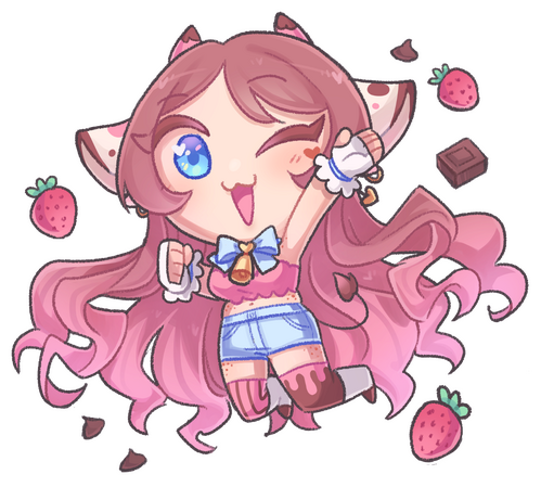 Chibi Ko with her v1 design winking and surounded by strawberries and chocolate pieces