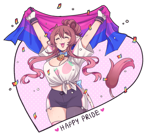 Ko with her v2 design holding up a bisexual pride flag