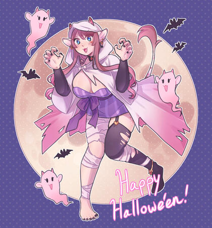 Ko in her 2022-2023 Halloween design surrounded by little cow ghosts